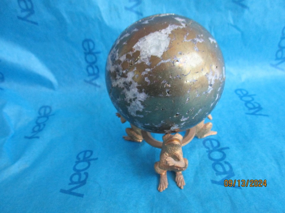 Iron Pyrite Druzy Quartz Sphere, Fools Gold, 3" D, Gilded Metal Frog