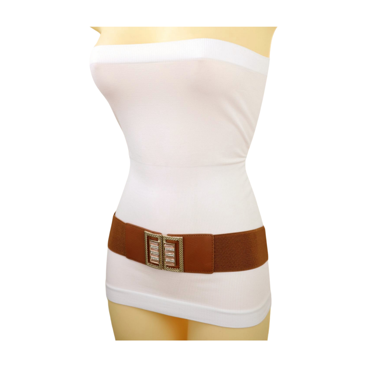 New Women Brown Elastic Fashion Wide Belt Hip Waist Gold  display picture 2
