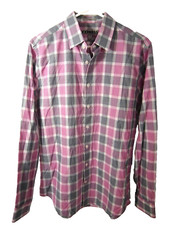 Express Mens Shirt M Fitted Pink Grey White Plaid Long Sleeve Button Cotton
