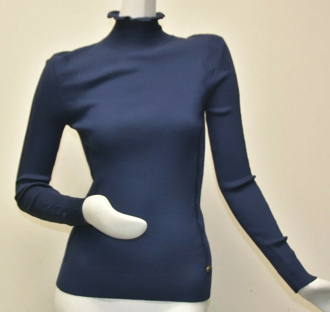 $1245 NUOVO maglione Chanel pullover finto collo top CC blu LANA tartaruga a costine 44 46