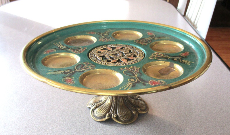Vintage Brass Green Gold Footed Passover Seder Plate Pesach Made Israel Platter
