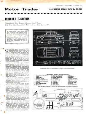 Renault R8 Gordini 1965 Motor Trader Continental Service Datenblatt Nr.22/CSD