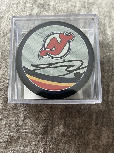 NHL New Jersey Devils Dawson Mercer Autographed Commemorative Logo Hockey Puck