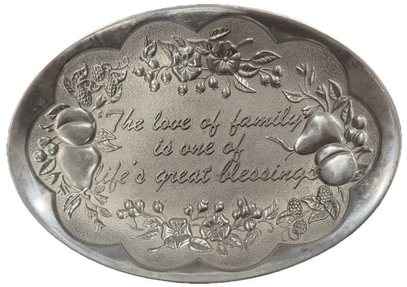 Vintage Lenox Oval Pewter Tray Embossed Fruit Floral Design “The Love of Family”