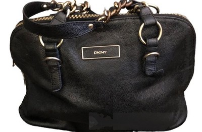 DKNY Vintage black pebbled leather with black handles and gold Chains  hardware