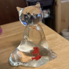 Clear Art Glass Cat with Red Fish Inside Hand Blown Figurine Paperweight