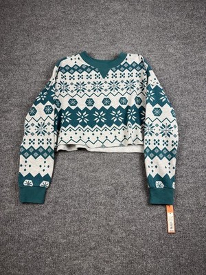 Colsie Sweatshirt Womens Medium Gray Teal Cropped Snowflake Fair Isle Pullover