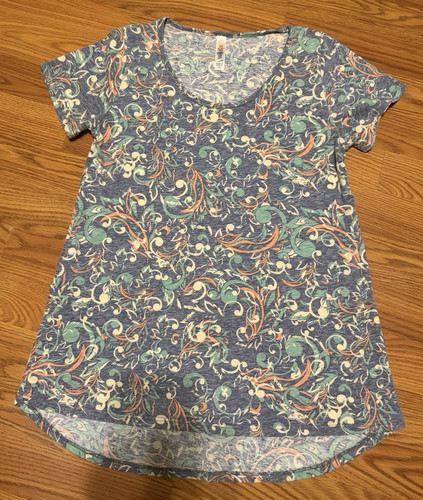 LuLaRoe Womens XS Blue Abstract Print Scoop Neck Short Sleeve Knit T-Shirt