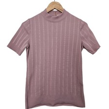 Vintage 70s James Kenrob Pink Blouse Large Mock Neck Short Sleeve Ribbed Solid