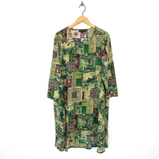 Frank Usher Boho A Line Dress Size S/M NEW Lagenlook Green Printed Dip Hem