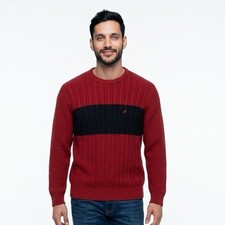 Nautica Men Cable Knit Sweater Red Navy Stripe Crewneck Preppy Dad Core Normcore
