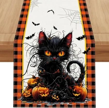 Linen Black and Orange Buffalo Check Plaid Halloween Table Runner 72 Inches Long