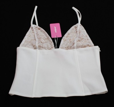 Edikted Womens Keesha Lacey Boned V Neck Spaghetti Strap Top MS7 White Small NWT