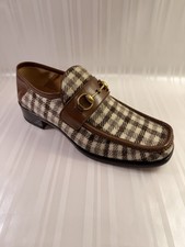 Gucci Brown Beige Plaid Horsebit Logo Bee Loafer Men's Dress Shoes Size 9 UK