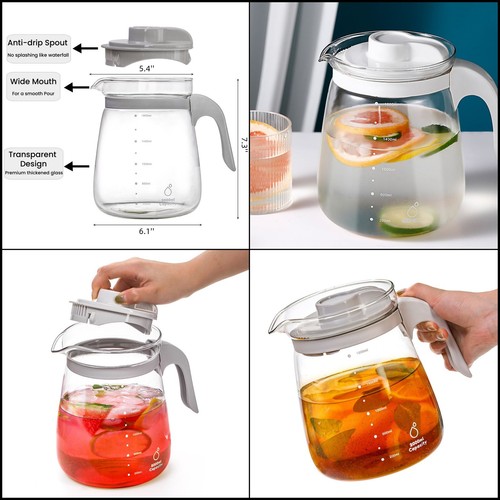 Glass Water Pitcher, 64 Oz Iced Tea Pitcher Carafe with Lid, Half Clear