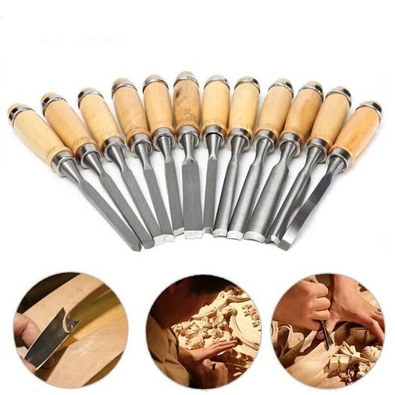 Wood Carving Hand Chisel Tool Set Professional Woodworking Gouges Steel 12 PCS