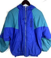 Vtg 90s Adidas Color Block Trefoil Nylon Puffer Jacket Sz XL Blue Teal w/ Hood
