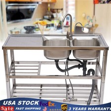 Free Standing Stainless-Steel Double Bowl Kitchen Utility Sink Set w/ Prep Table