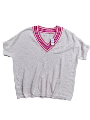 LOFT V-Neck Sweater Medium Pink Trim Cotton Knit Short Sleeve Top M New