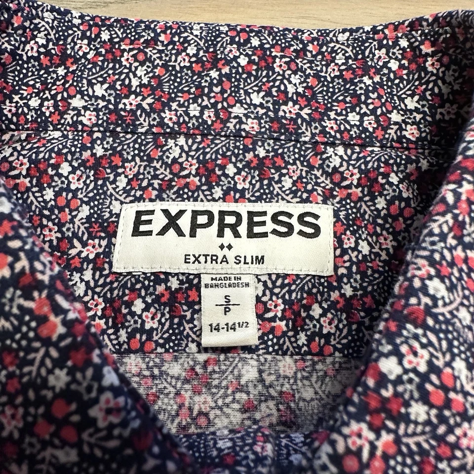 Express Blue Pink Red Floral Shirt Mens S Extra Slim Fit Button Up Long Sleeve - Image 3 of 4