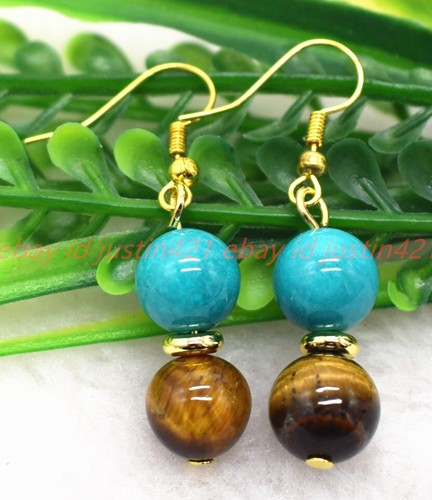 Handmade Natural 10mm Turquoise Tiger's Eye Gemstone Bracelet Earring Set 7.5in - Picture 3 of 12