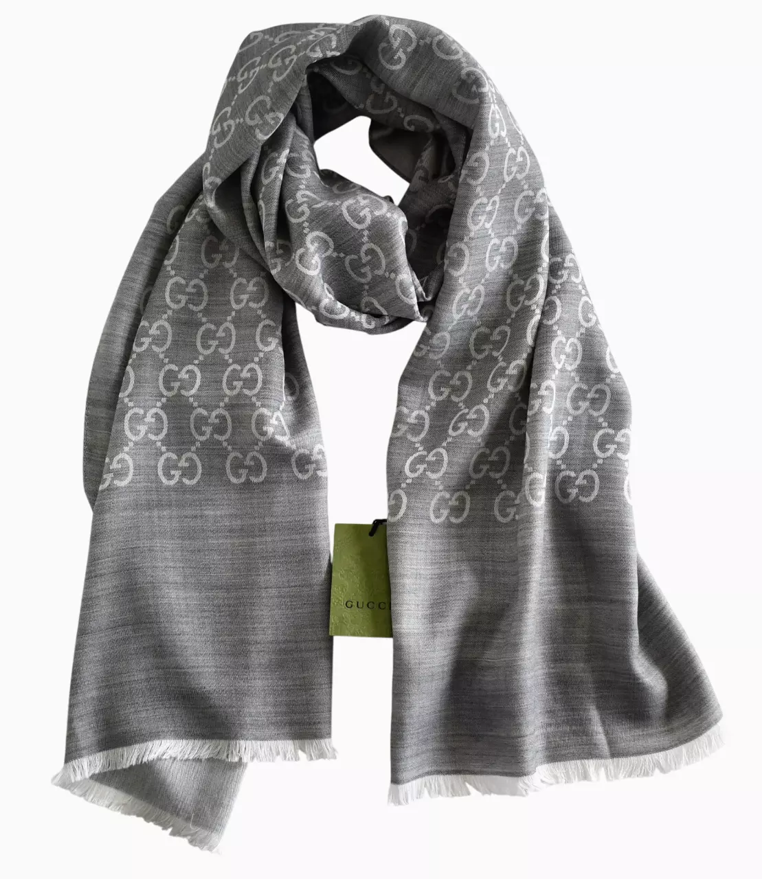 ?️NEUF authentique écharpe longue étole châle GUCCI gris motif GG laine soie