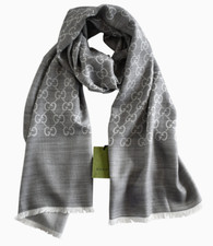     NEW Authentic GUCCI Gray GG PATTERN Wool Silk Pashmina Shawl Stole Long Scarf