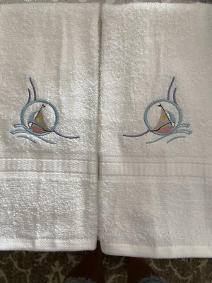 Nautical Embroidered Bath Hand Towels. Set Of 2