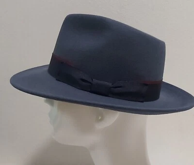 Chapeau Fedora En Laine Bleu Denim Fabriqué En Italie - Photo 1/4
