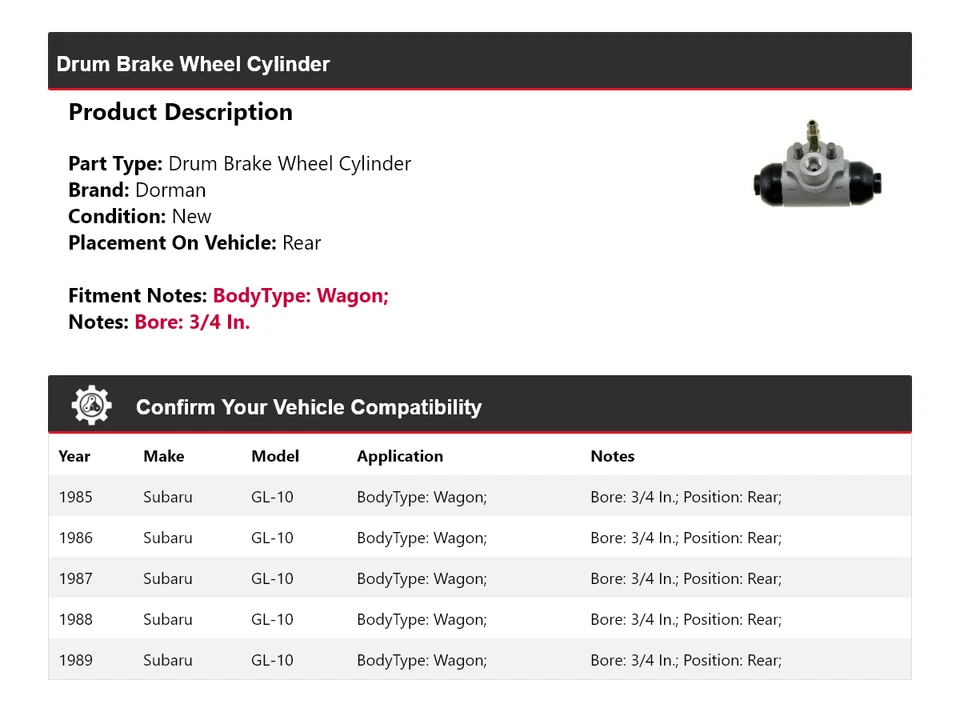 For 1985-1989 Subaru GL-10 Wagon Dorman Drum Brake Wheel Cylinder Rear 1986 1987 - Image 2 of 3