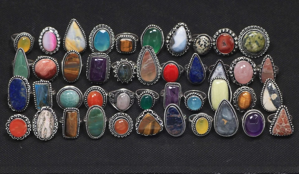 Lote Mixto de Anillos de Piedras Preciosas~Anillos Boho Apilables Apilables Antiguos en Plata de Ley 925~ Foto 2 de 3