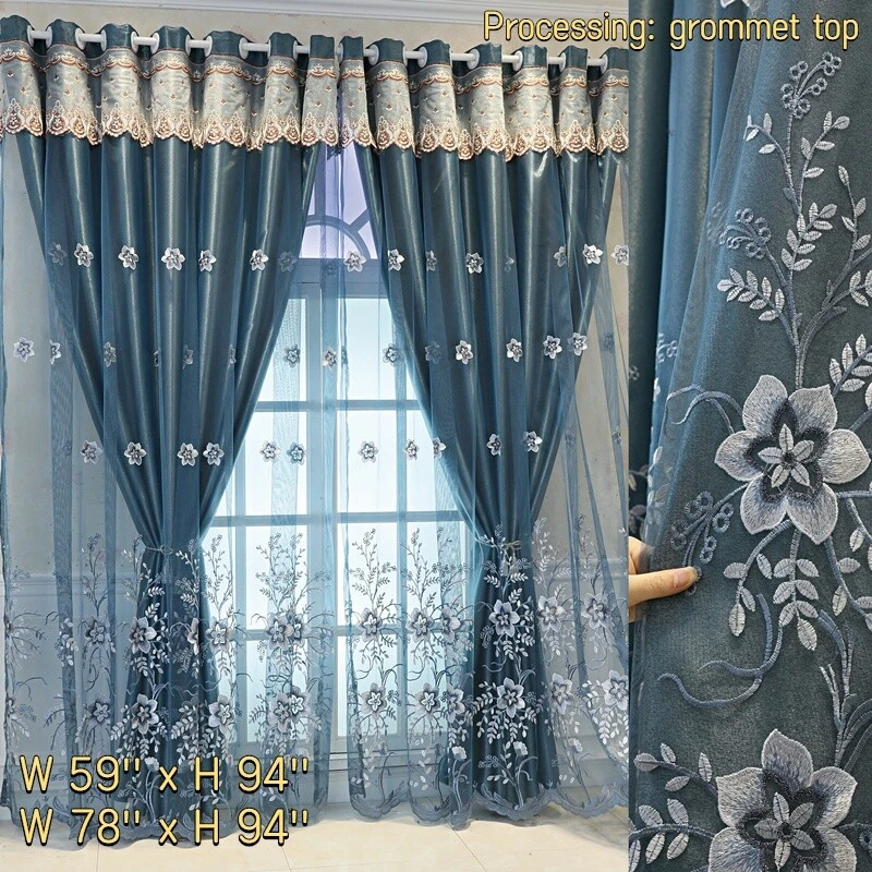 1 Panel Double Layer Blackout Curtain Floral Embroidered Window Tulle Drape Home - Image 2 of 4