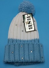 KNITTED blue / white sequined beanie with pom pom  NEW 