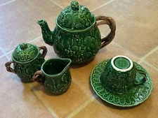 The Haldon Group Teapot Set Green Strawberry Leaves Flowers Creamer Sugar Cup