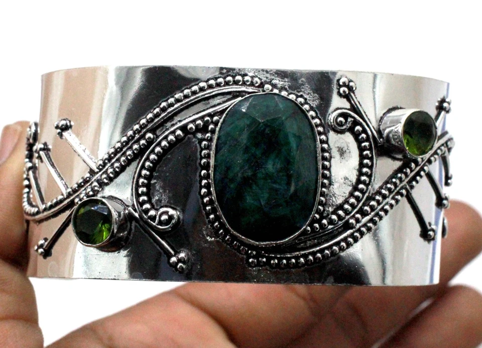 925 Sterling Silver Green Ruby & Peridot Gemstone Jewelry Cuff Bracelet S-ADJ" - Image 2 of 4