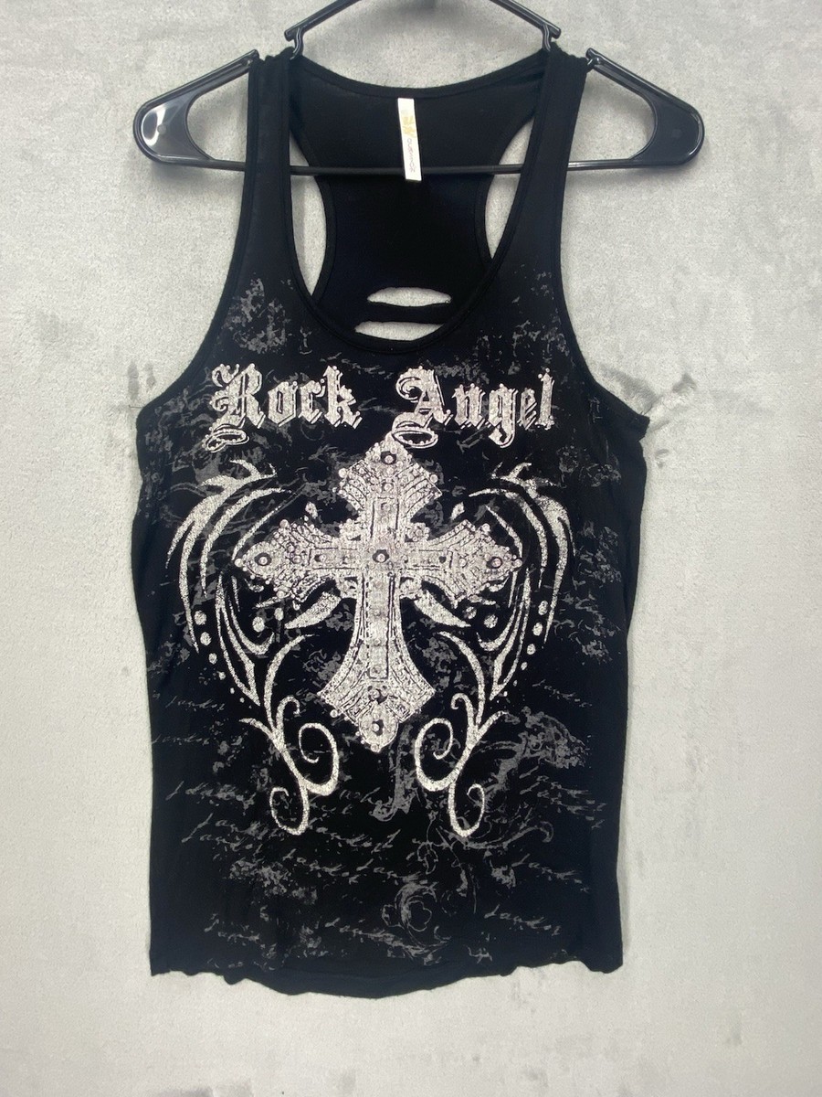 Y2K Ocasion Rock Angel Top Lg Sheer Cross Wings Embellished