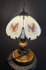 vintage OK Lighting touch lamp with glass panels featuring an eagle design 15”