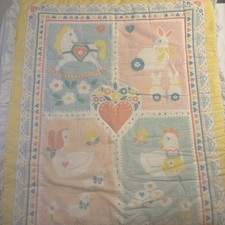 90s Baby Quilt Mother Goose Animals 34x45" Eyelet Trim Pink Floral Back Vintage