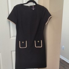 Tommy Hilfiger Black Ivory Trim Shift Dress Crew Neck Short Sleeve Knee 4