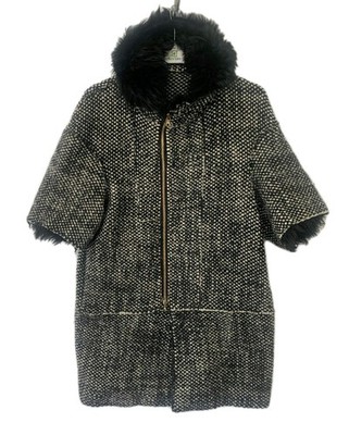 Marni Women's Wool Short Sleeve Coat Size M Black White Faux Fur Collar #Z4