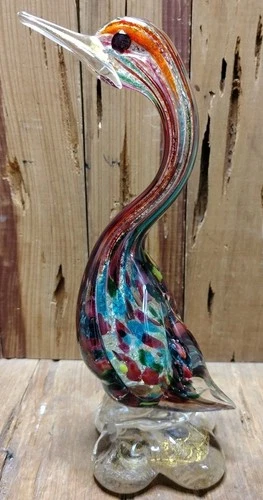 Vintage Murano Glass Venetian Bird Figurine Multicolor With Gold Flakes In Base