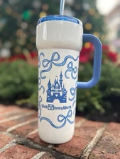 Walt Disney World Starbucks Blue Bow Ribbons Castle Hot & Cold Tumbler New
