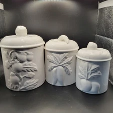 Vintage Over and Back White Ceramic Canister Set- Embossed Veggies