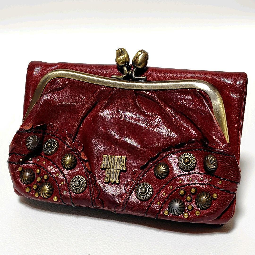 ANNA SUI 財布 Anna Sui Rose Garden Wallet Red Leather Studded Clasp Coin Bifold