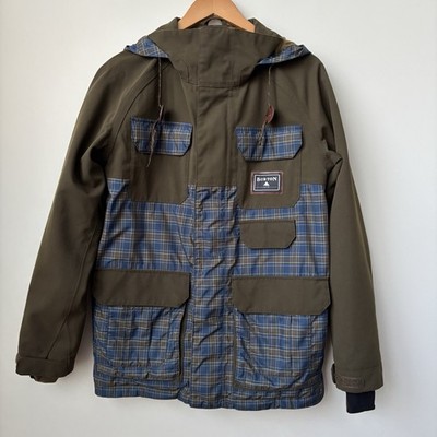 Burton Gore-Tex Snowboard Jacket Olive Green & Blue Plaid Men s Size Small