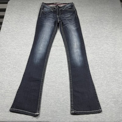 rue21 Jeans Women 1/2 Long Blue Mid-Rise Bootcut Thick Stitch Contrast Denim