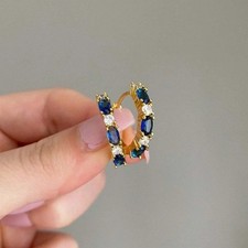 Oval Cut Simulated Sapphire Women's Hoop Earrings 14k Yellow Gold Plated