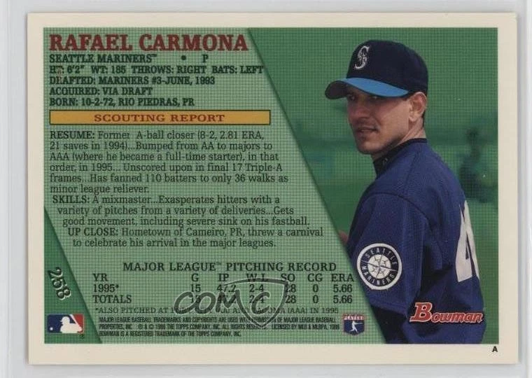 1996 Bowman Rafael Carmona #258 Rookie RC - Image 2 of 2