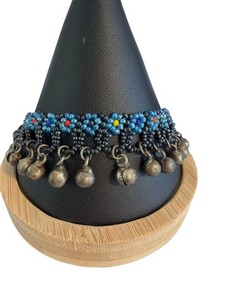 Vintage Beaded Anklet Metal Bells Flowers Bali Belly Dance 10" Estate 19g