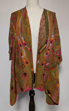 Soft Surroundings Embroidered Green Wool Blend Cardigan, S/M, Style 2CU61